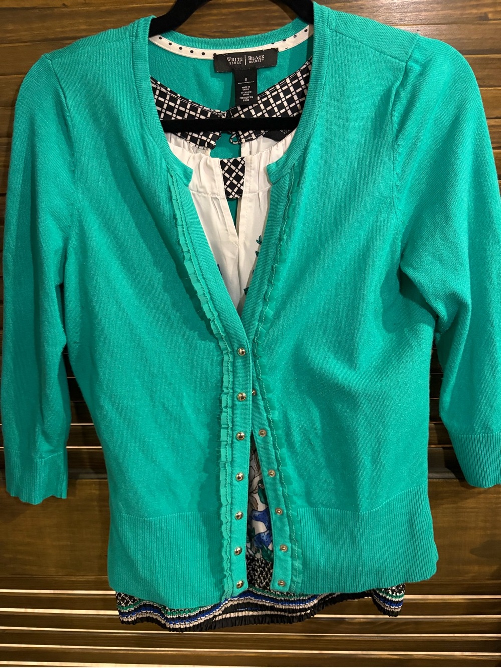 White House Black Market Teal Ruffle-Trim Cardigan with silk tank